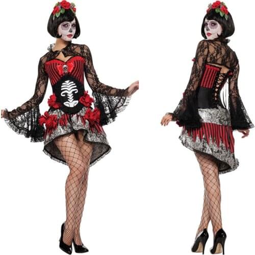 New Adult Skeleton Day of The Dead Costume Womens Sexy Sugar Skull Dia Flower Fairy Halloween ghost vampire bride Fancy Dress