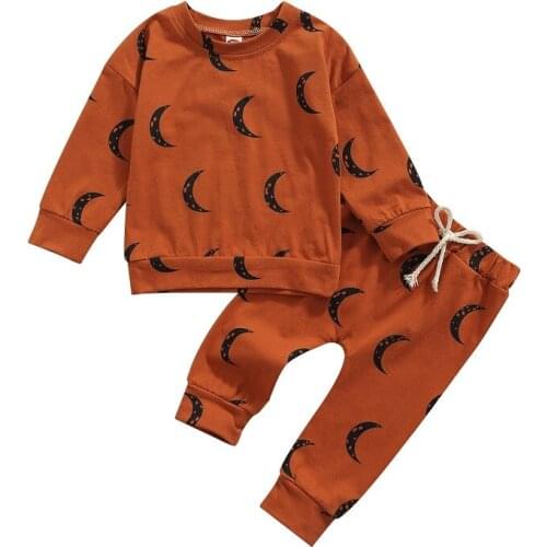 0-24M Newborn Baby Boy Girl Moon Print Long Sleeve Pullover Sweatshirt Tops Long Pant Trouser 2PCS Autumn Clothes Set
