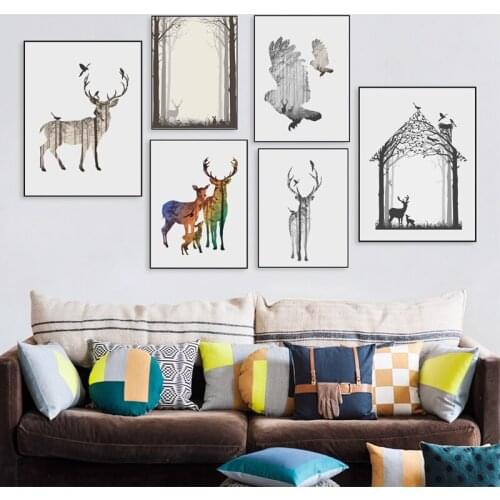 Silhouette Of Deer Family With Pine Forest Canvas Art Print Painting Poster, Wall Picture For Home Decoration Animal Wall Decor