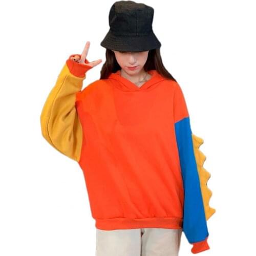 Cute Women Hoodies Long Sleeve Color Block Dinosaur Hoodie Autumn Winter Sweatshirt толстовка 2021