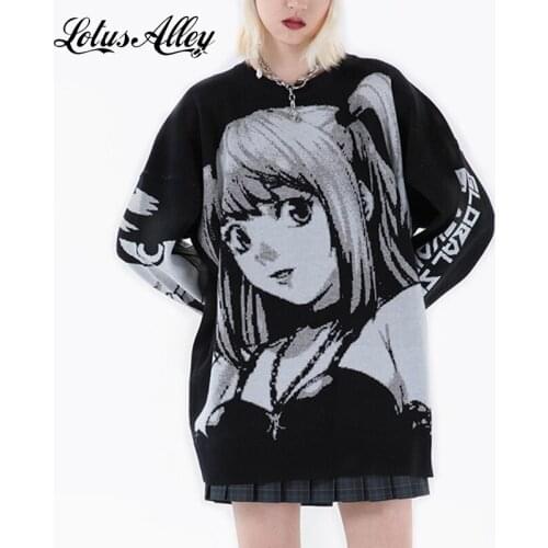 Harajuku Anime Sweater Japanese Streetwear Cartoons Printed 2021 New Spring Autumn Long Sleeve Fleece Vintage Black Sweatshirt