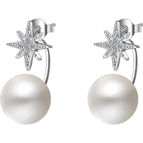 Hight Quality Jewelry 2018 New Design Shiny Zircon Star Pearl 925 Sterling Silver Stud Earrings for Women Girls Wholesale Gift