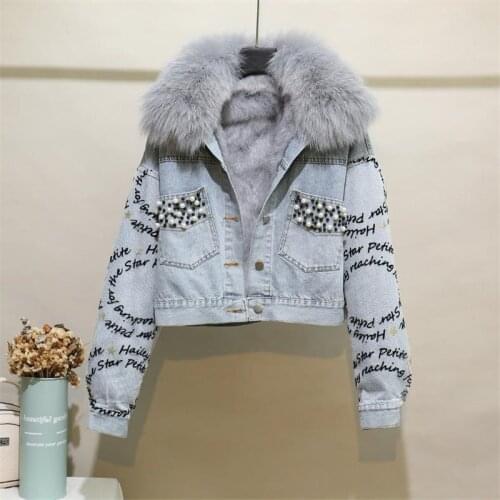 2021 New Denim Jacket Female Beaded Embroidery Letters Fashion Parkas Detachable Liner Real Fox Fur Collar Jean Cotton Coat Y703