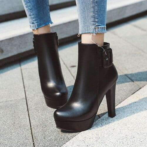 2019 Fashion Buckle Ankle Boots Autumn Women Boots Platform Square High Heel Zipper Boots Round Tor Winter Woman Boots Shoes