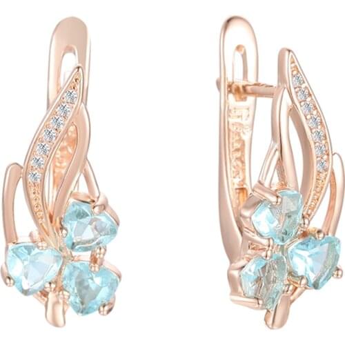 FJ Women Girls Three Light Blue Cubic Zircon 585 Rose Gold Color Drop Earrings