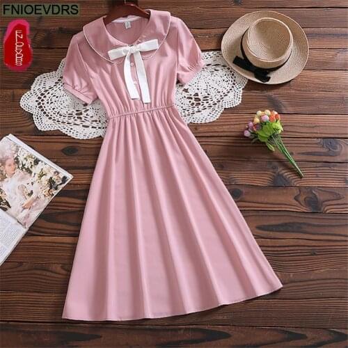 Women Casual Lady Chic Cute Korean Style Vintage Floral Printed Japanese Style Party Date Bow Midi Summer Pink Dress Vestido