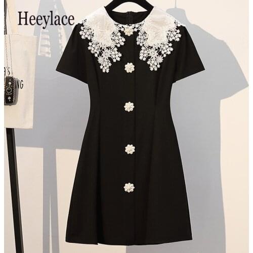 Plus Size Women Vintage Tunic Dress Summer 2020 Sexy Lace Crochet Peter Pan Collar Short Sleeve Black A-Line Dresses 5XL robe