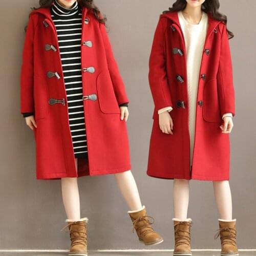 Winter womenxl-3xl Thicken retro horn buckle loose woolen coat ladies loose large size hooded thickening fashion new woolen coat