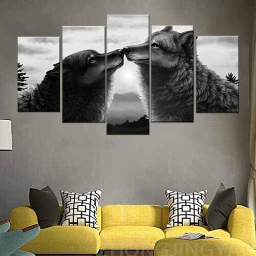 Printed Landscape Picture 5 Pieces Abstract Animal Black Wolf Large Canvas Painting For Bedroom Living Room Home Wall Art Decor