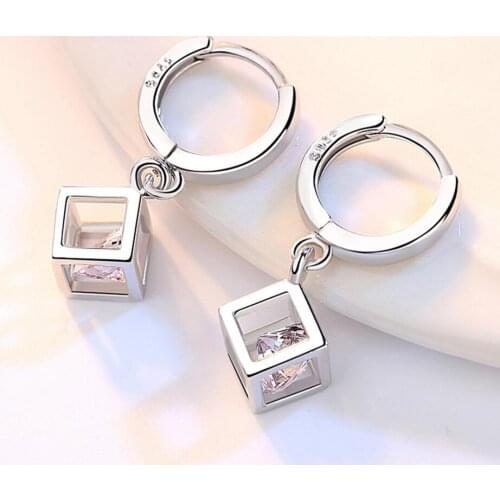 925 sterling silver earrings jewelry high quality new retro simple hollow square super flash Zircon Cube earrings hot sale