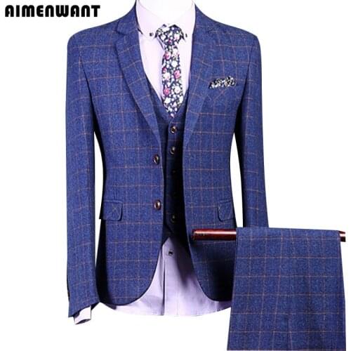 AIMENWANT Mens Suits Korea Fashion Business Professional Tweed Blazer Male Blue Grid Suits For Wedding Jacket+Pants+Vest Set