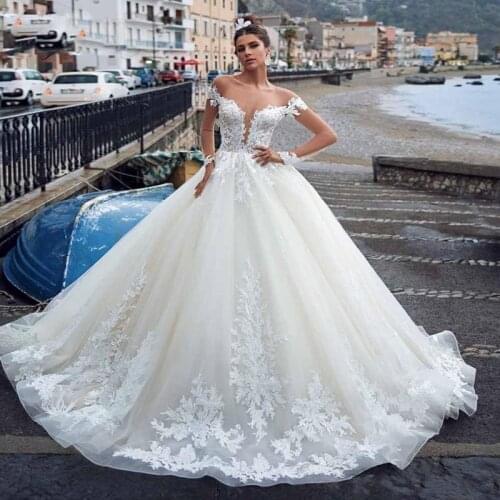 Western Ball Gown Wedding Dresses 2020 Sheer Neck Illusion Long Sleeve Appliqued Ruched Long Bridal Gowns Custom Made Robe