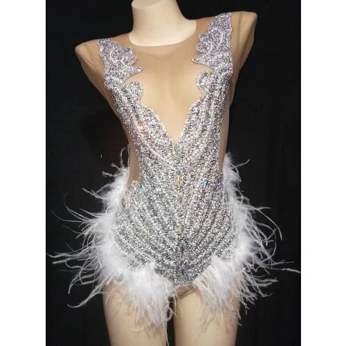 Sparkly Rhinestones White Feather Bodysuits Longsleeve V Neck Persective Tight Women Jumpsuits Nightclub Costumes Stage Outfit