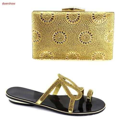 Doershow new gold Italian Shoes with Matching Bag Set Decorated with Rhinestone African Shoe and Bag Set Italy Shoes SBV1-12