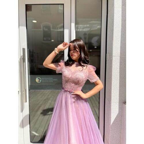 Pink long Luxury High Neck Host Dress Partydresses For girls gowns with diamond Handmade For Women Wedding Party Graduation