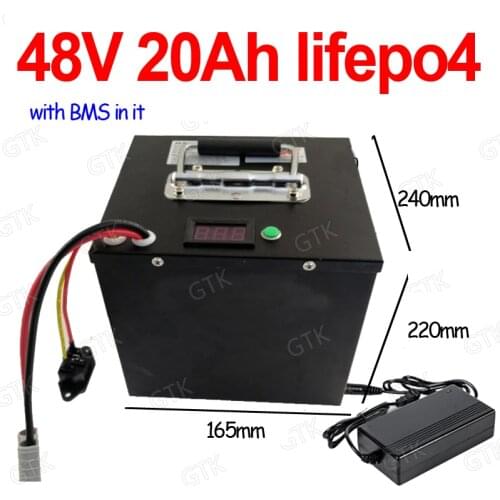 GTK waterproof 48v 20ah lifepo4 battery with 50A BMS for 2500w 1500w motor bike scooter electric bicycle boat + 3A charger