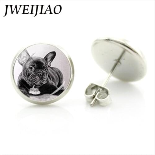 JWEIJIAO Cute Animal Dog Stud Earrings Pug Puppy Art Picture Glass Cabochon Dome Round Ear Stud Women Girls Earring Jewelry A151