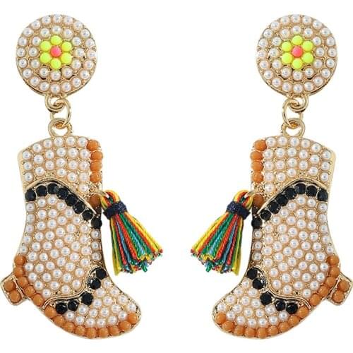 Vedawas Fashion Mardi Gras Marching Boots Earrings for Women Boho Simulated Pearls Shiny Fringed Drop Earrings Jewelry Party INS