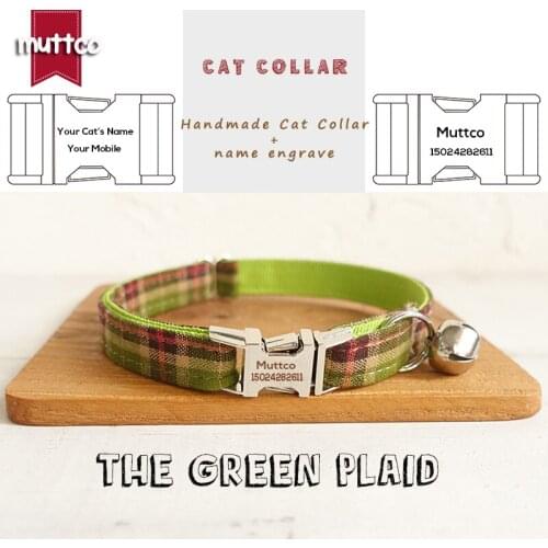 MUTTCO Retailing handmade engraved metal buckle cat collar handmade cat accessories THE GREEN PLAID 2 sizes cat collar UCC041