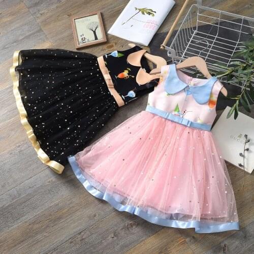 New Girls Princess Dress Children Sleeveless Party Wedding Tutu Dress Pink Printed Clothes Fashion Starry Sky Gown Costumes