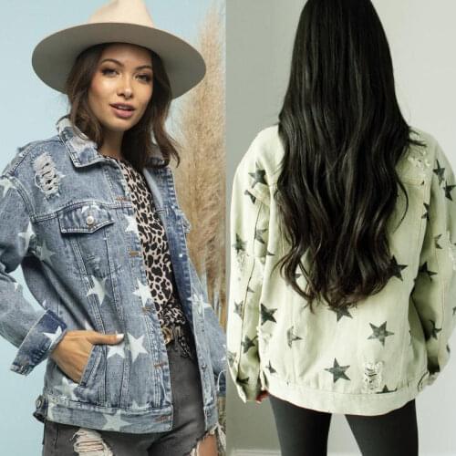 Autumn New Ladies Old Star Print Jacket Fashion Casual All-match Loose Hole Long-sleeved Fashion Woman Clothing Denim Coat WP44