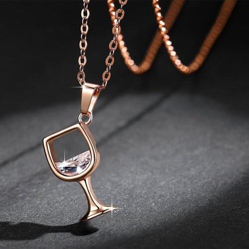 Rose Gold Wine Glass Shape Hanging Pendant Necklace Setting Cubic Zirconia Link Chain Silver Plated Necklace for Women Jewelry