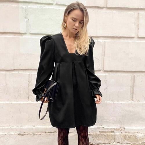 Sexy V Neck Black Autumn Dress Woman High Waist Vintage Short Dresses Puff Sleeve Female Elegant Party Vestido Evening