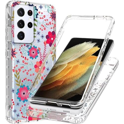 2 in 1 Clear Painted Flower Case for Samsung Galaxy S21 Ultra 5G SM-G998B Hard PC + Soft TPU Full Protective Phone Back Cover