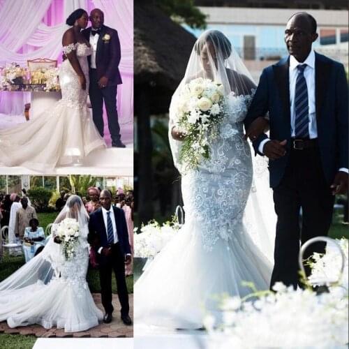 Plus Size Mermaid Wedding Dresses Sexy Off Shoulder Beads Lace Appliques Tulle Glamorous South African Bridal Gown