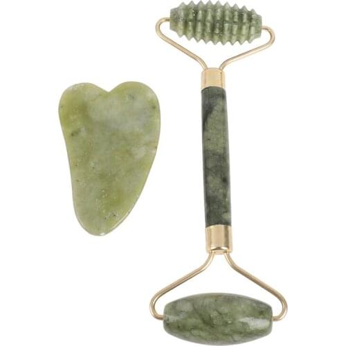 2PCs Facial Massage Roller Guasha Board Double Heads Natural Jade Stone Face Lift Skin Relaxation Slimming Beauty Neck Thin Lift