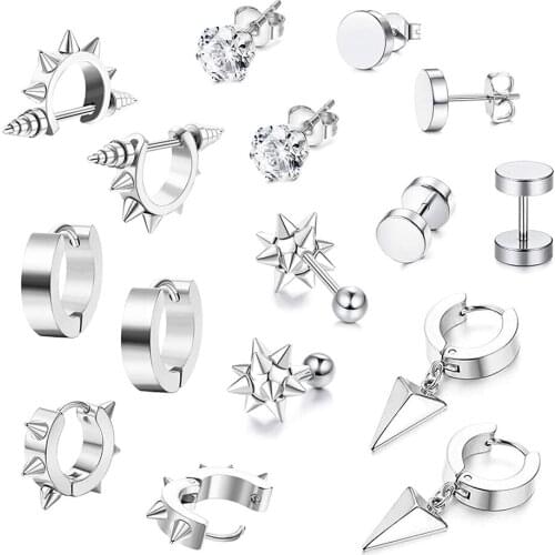 8 Pairs Silver Stainless Steel Spike Stud Earrings for Women Men CZ Huggie Earring Punk Triangle Dangle Small Hoop Earrings Set