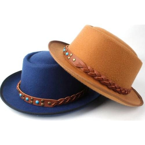 2019 Fashion Men Women Pork Pie Hat With Tan Belt Church Jazz Hat Trilby Fascinator Fedora Hat Dance Party Hat Size 58CM