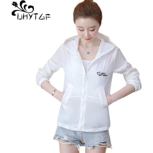UHYTGF Fashion Womens Short Sun Protection Clothing Hooded Breathable Thin Coat Solid Wild Casual Female Summer Tops Jacket 2157