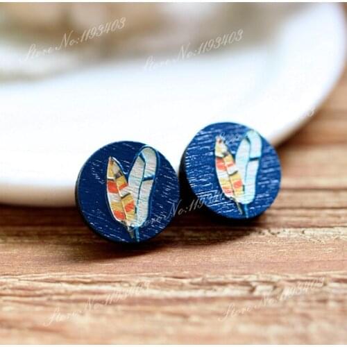 Unique 3D Feather Embossed 16mm Round Coloured Drawing pattern Laser Cut wood Cabochon DIY for Rings, Earring,Brooch,Necklace