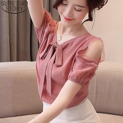 White Blouse Women Short Sleeve Shirts Lace-up Doll Temperament Strapless Chiffon Women Shirts Womens Tops and Blouses 3396 50
