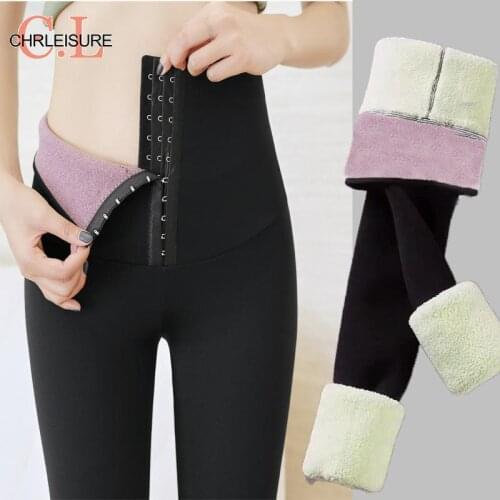 CHRLEISURE Winter Warm Leggins Solid Color High Waist Plus Velvet Women Leggings Super Elastic Slim Warm Leggings
