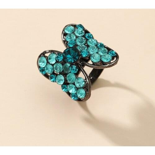 Women Rings Butterfly Shape Light Blue Crystal Black Gold Plated Open Rings Fashion Anel Engagement Birthday Gift For Girlfriend