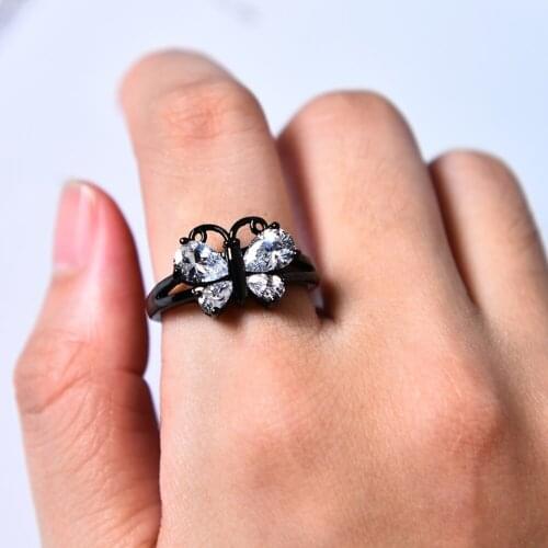 Gothic Black Butterfly Ring for Women Cute White Pink Rainbow Zircon Animal Ring Female Birthday Anniversary Jewelry Gift
