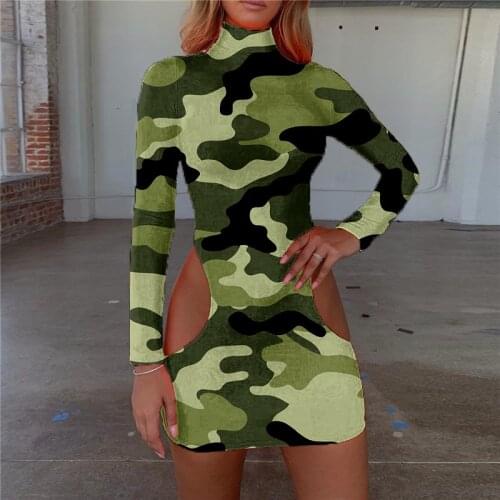 SKMY Vacation Outfits Maxi Dresses For Women Summer 2021 Fashion Camouflage Printed Sexy Party Cut Out Long Sleeve Bodycon Dress