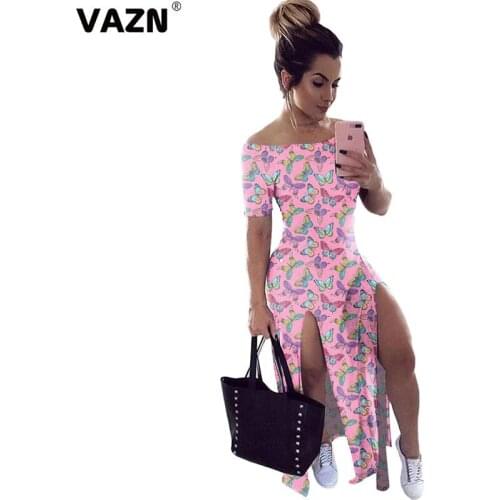 VAZN 2020 Cartoon Print Casual Maxi Dresses Short Sleeve Slash Neck Deep Dress Sexy Beach Holiday Elegant Dress