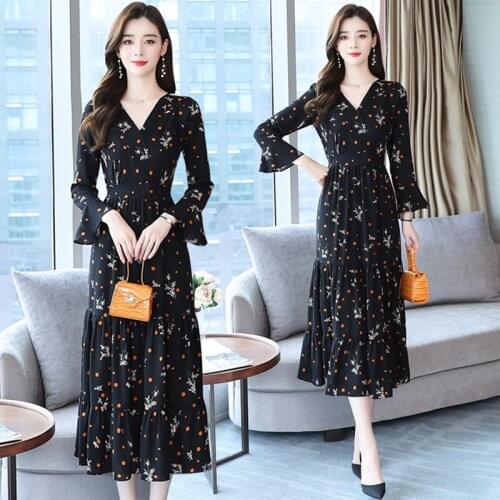 2021 Autumn Female Black Floral Chiffon Maxi Dress Vintage Casual 2XL Plus Size Long Sleeve Dresses Elegant Women Party Vestidos