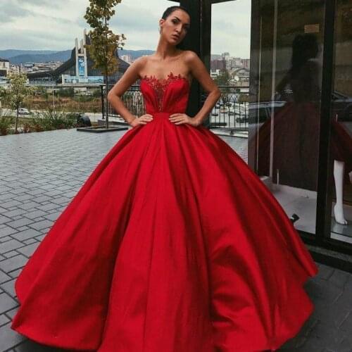 Dark Red Satin Ball Gown Prom Dresses 2021 Strapless Appliques Formal Evening Party Dress vestidos de gala