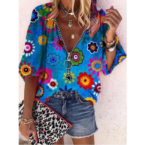 Zipper V-Neck Shirt S-3XL Plus Size Tops Work Women Blouses New Fashion Fit Vintage Floral Print Shirts Dot Mujer Blusas