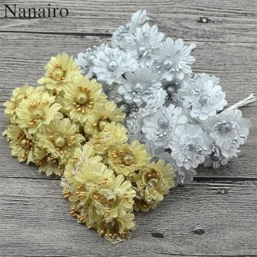 30pcs 3 Kind Golden Glitter Artificial Silk Flower Bouquet For Wedding Decoration Scrapbook DIY Hand Carft Fake Cheap Flowers