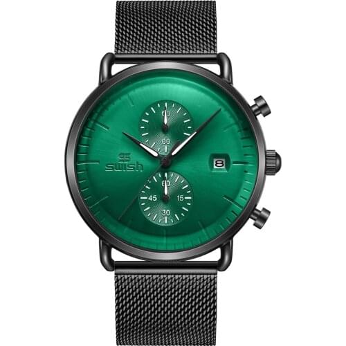 Sports Chronograph Watches Men Black Stainless Steel Quartz Wristwatch Waterproof Mens Business Clock Relogio Green Masculino
