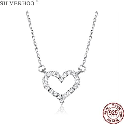 SILVERHOO 925 Sterling Silver Heart Pendant Necklaces For Women Full 5A Cubic Zirconia Choker Necklace Trendy Silver Jewelry