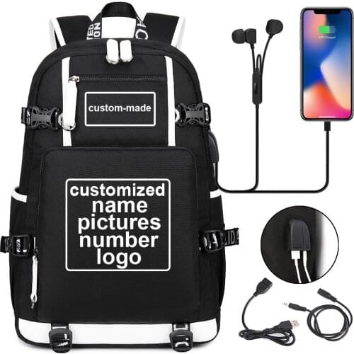 Customized Print DIY Your like Photo or Logo Boy Girls Kids Book Bag Women USB Laptop Backpack Canvas Men Bagpack Big Travel Bag