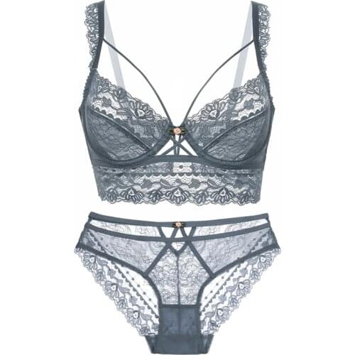 Sexy Bra and Panties Set For Women Lingerie Transparent Lace Sheer Underwire Unline Strappy Floral Pattern Womens Underwear