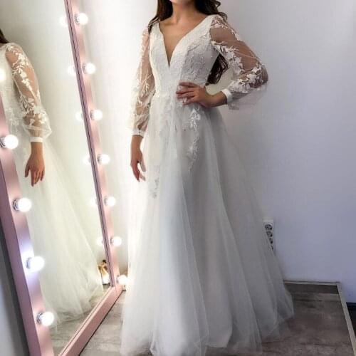 2021 New V-neck A-line Tulle Lace Appiques Wedding Dresses Lantern Sleeves Beadding Bridal Gowns Custom Made Vestidos De Novia