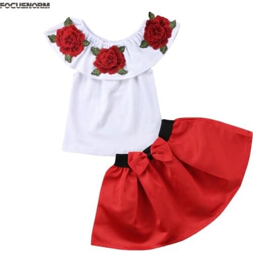 Summer Fashion Toddler Baby Girls 2OCS Floral Print Off Shoulder Shot Petal Sleeve White T-Shirts Tops Bow Red A-Line Skirts